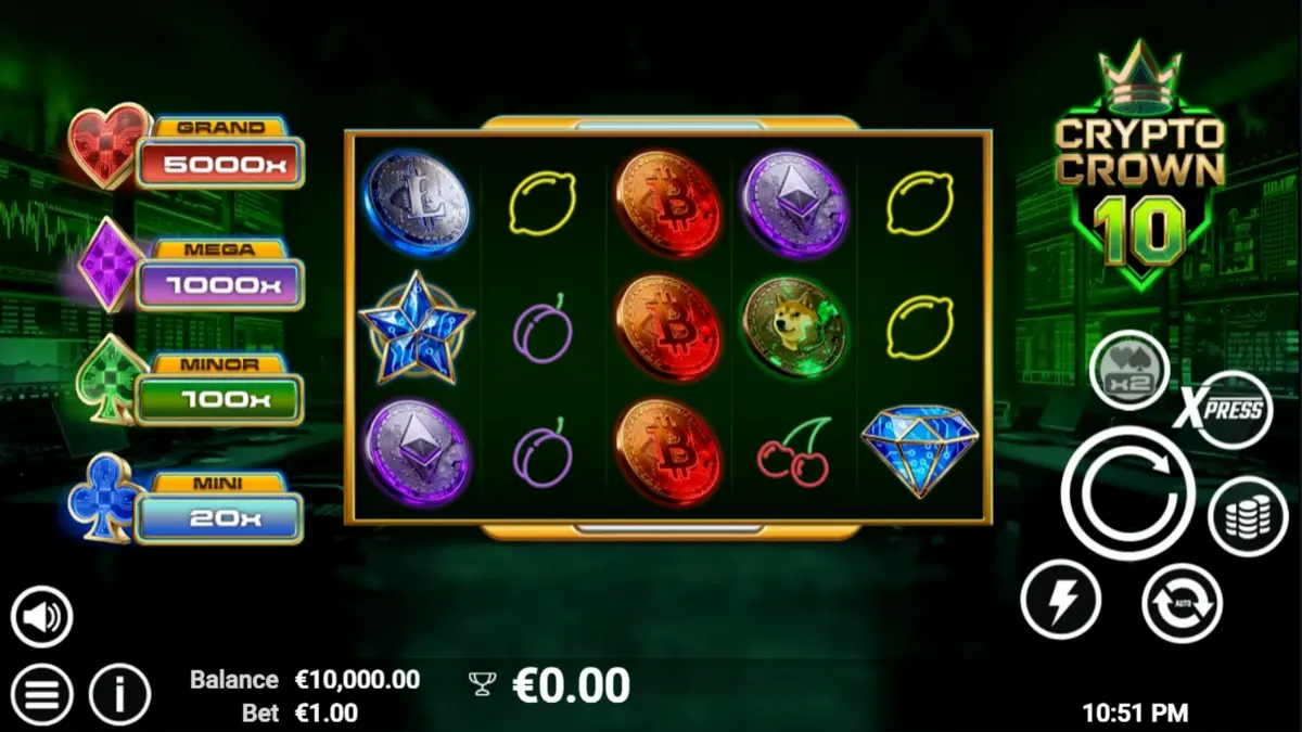 Tampilan visual slot Crypto Crown 10 dengan simbol buah neon dan koin kripto.