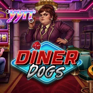 Tampilan visual slot Diner Dogs dengan nuansa neon dan karakter kru kriminal
